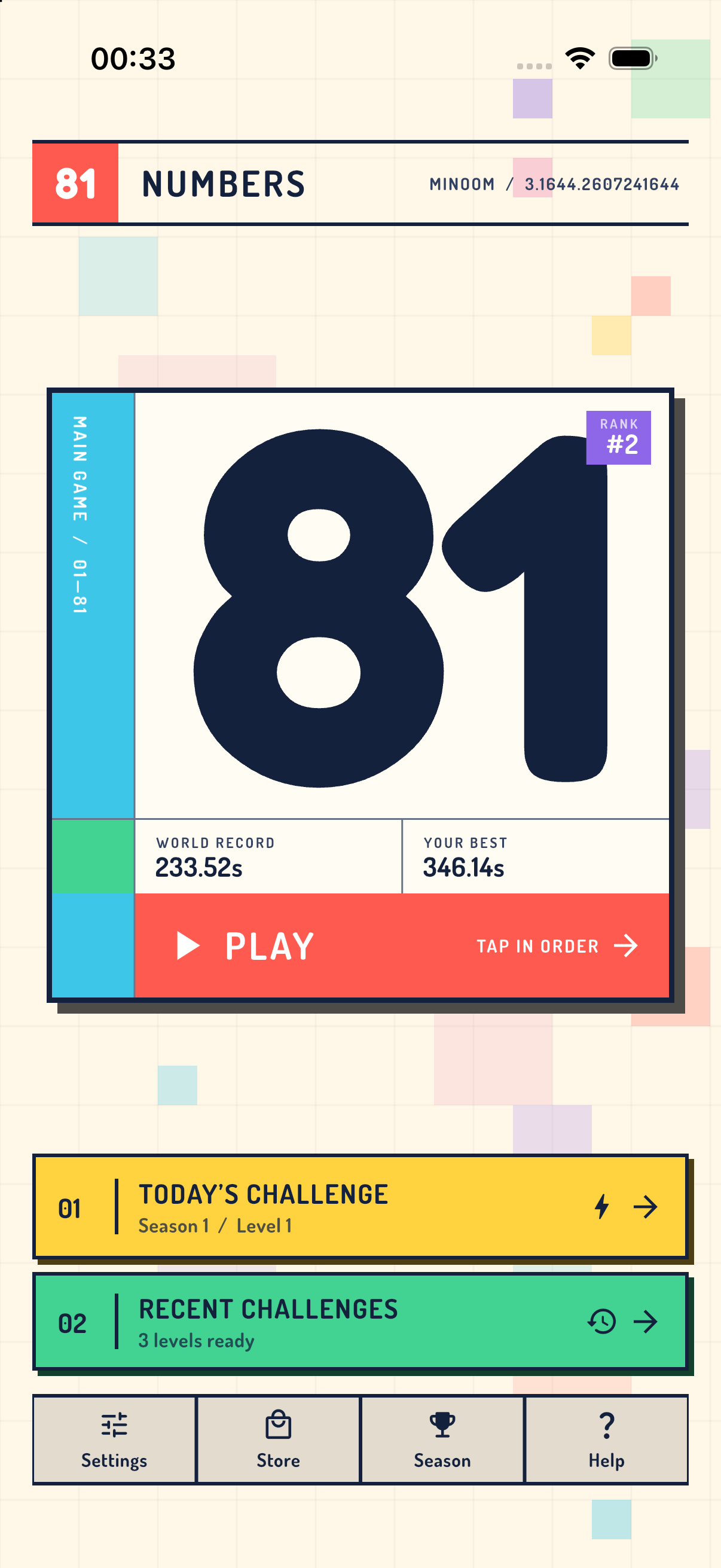 81 Numbers home screen with the main 1 to 81 game, daily challenge, and recent challenge buttons